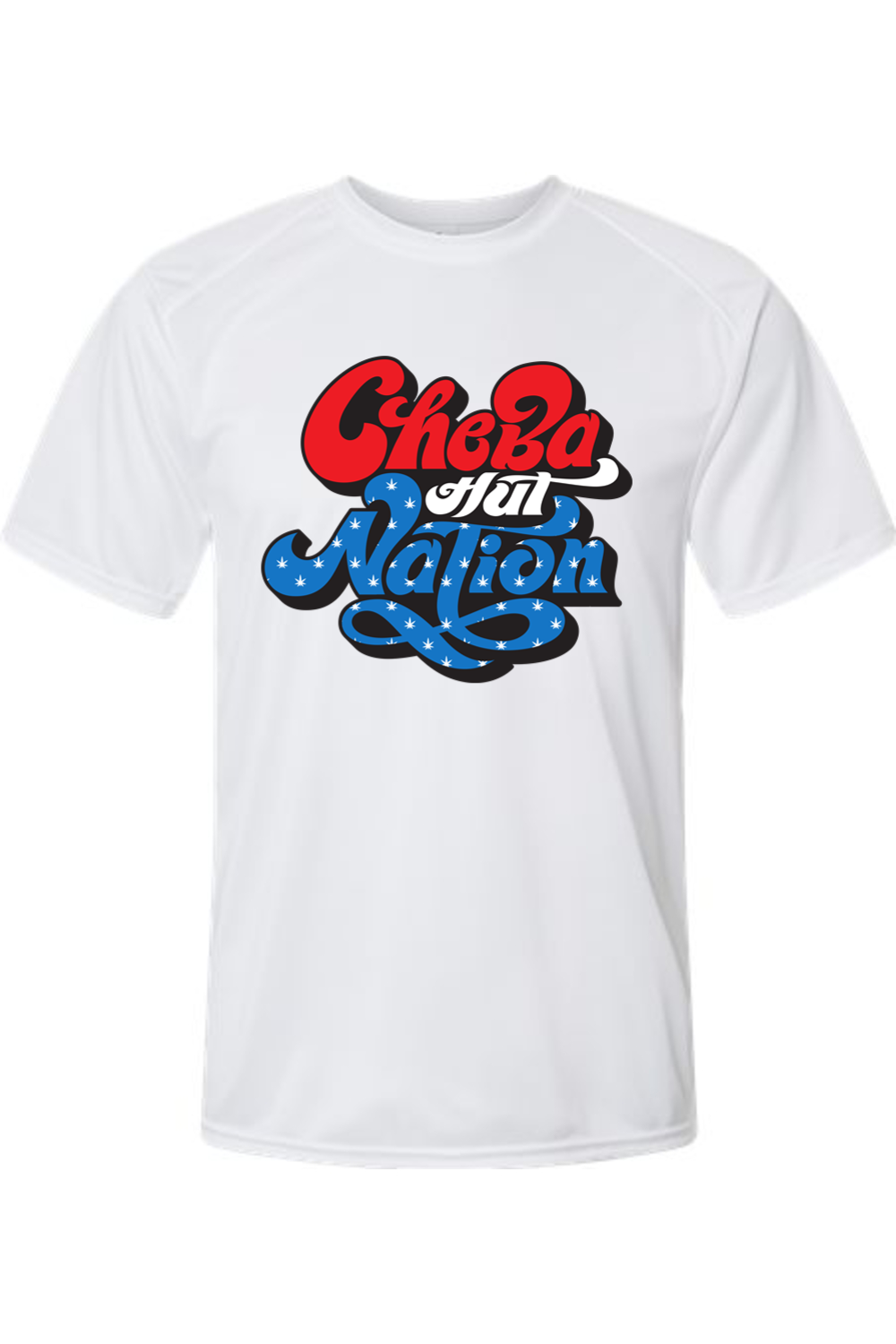 A white short-sleeved athletic shirt featuring a patriotic-themed graphic. The word "Cheba" is in bold, rounded red letters with white outlines. Below it, the word "Hut" is smaller and appears integrated into the top of "Nation." The word "Nation" is prominently displayed in large, stylized blue script with white stars, outlined in red and white. The overall design evokes an American flag color scheme.