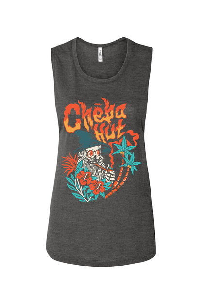 A heather grey women's muscle tank top with a colorful front graphic. The graphic features "Cheba Hut" in a fiery font above an illustration of a skeleton wizard with a long white beard, sunglasses, and a pointed hat. The wizard is smoking a long pipe and is surrounded by tropical plants, including palm trees and red hibiscus flowers.