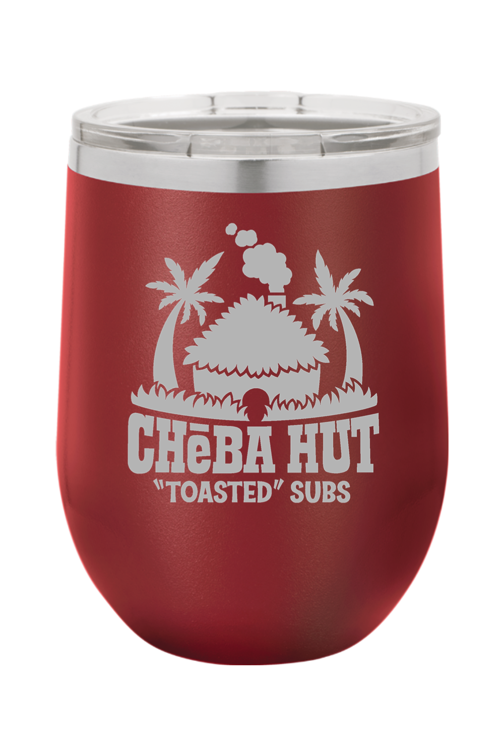 A maroon stemless insulated wine tumbler with a clear lid, featuring the Cheba Hut "Toasted" Subs logo with a hut and palm trees.
