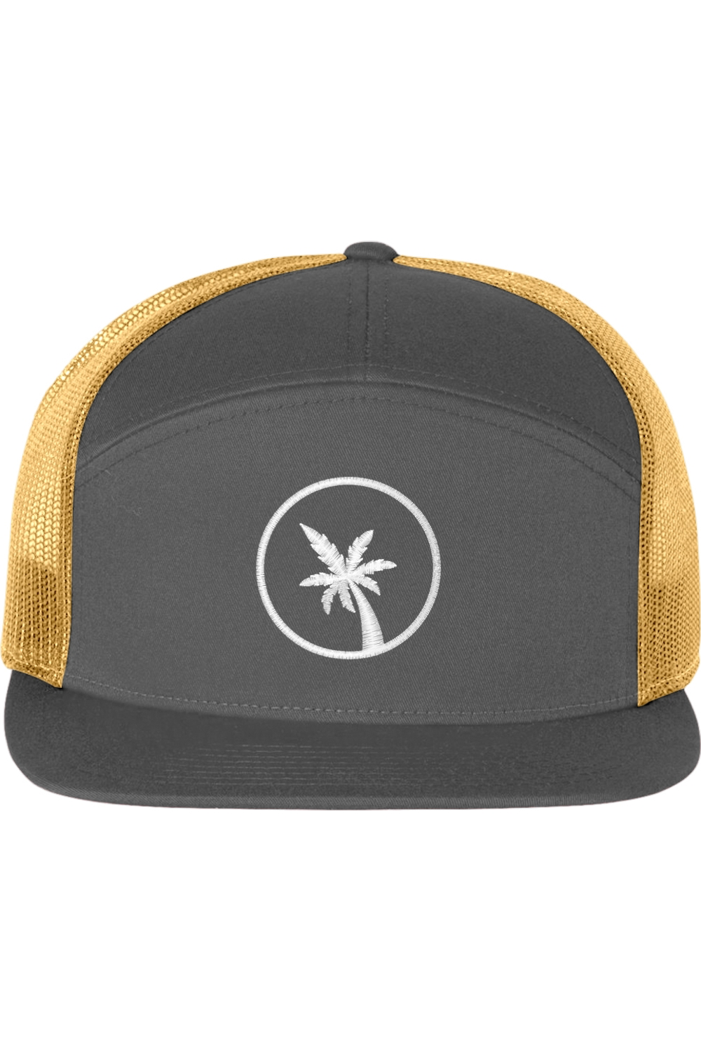 A seven -panel trucker hat with a solid grey front panel and brim. The back two panels are gold mesh. The front of the hat features a seven frond palm tree in white thread. The hat has a slightly curved brim and a visible button on the top.