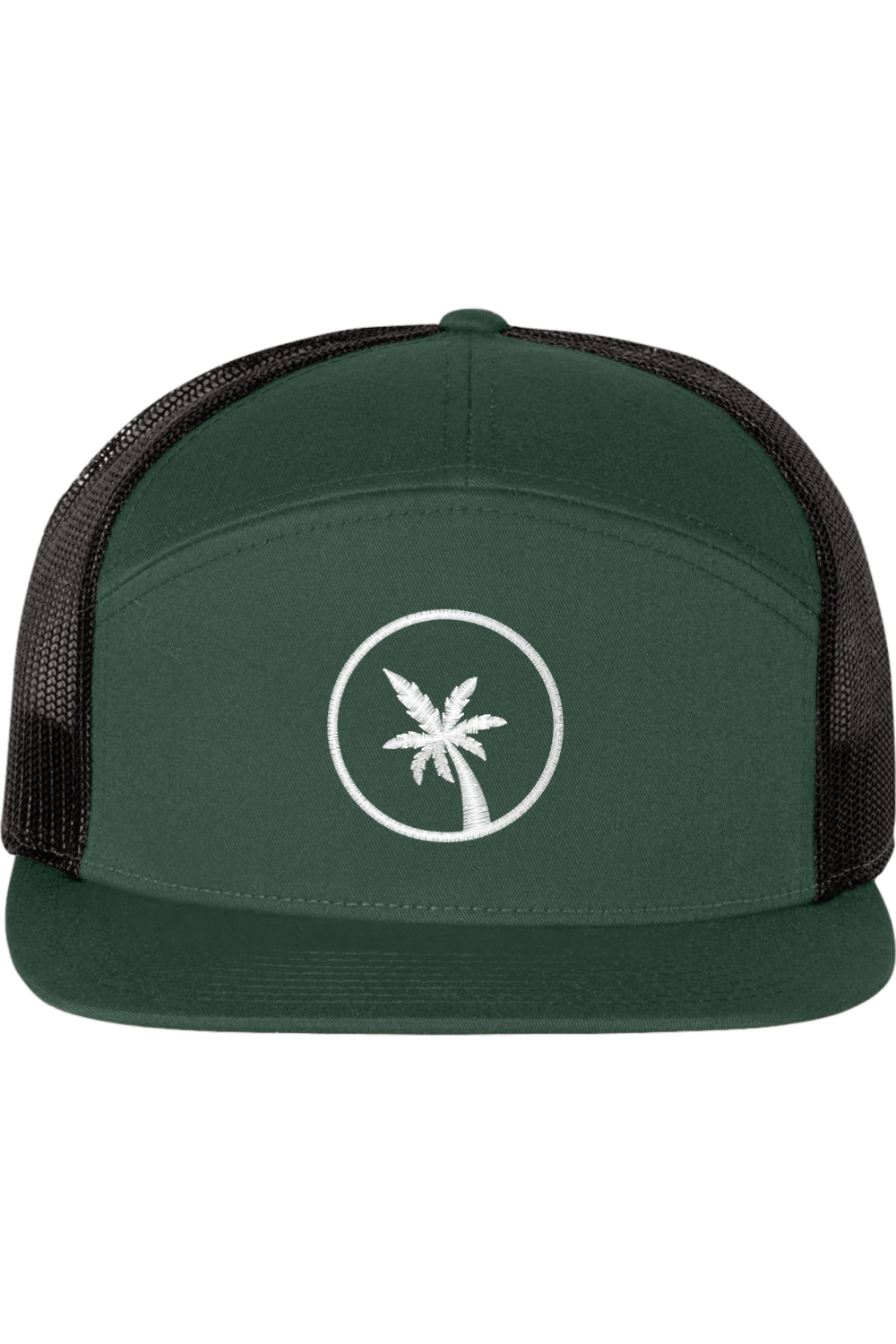 A seven -panel trucker hat with a solid green front panel and brim. The back two panels are black mesh. The front of the hat features a seven frond palm tree in white thread. The hat has a slightly curved brim and a visible button on the top.