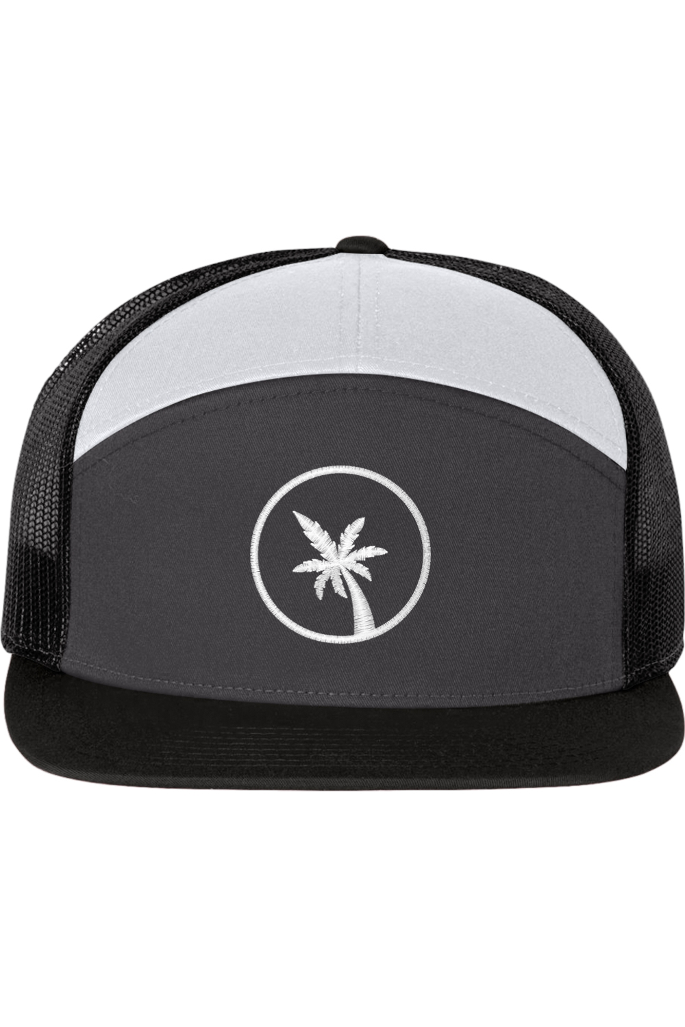 A seven -panel trucker hat with a solid black front panel and brim. The top panel is white. The back two panels are black mesh. The front of the hat features a seven frond palm tree in white thread. The hat has a slightly curved brim and a visible button on the top.