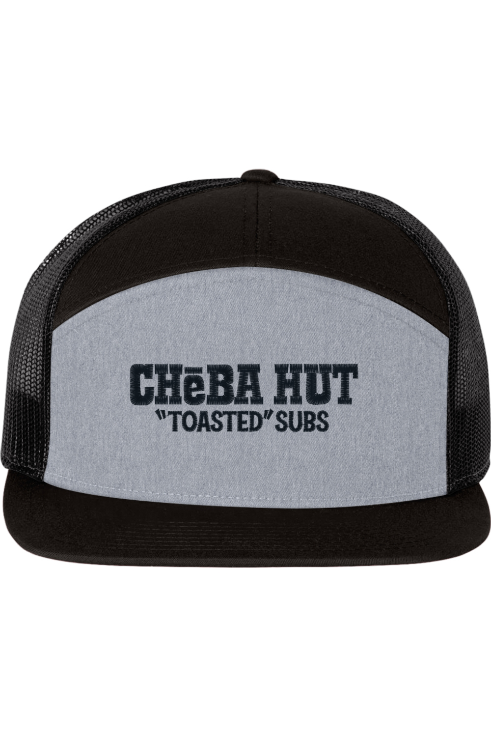 A seven-panel trucker hat with a solid grey front panel and black brim. The back two panels are black mesh. The front of the hat features the black stylized text 'CHEBA HUT "TOASTED" SUBS'. The hat has a slightly curved brim and a visible button on the top.