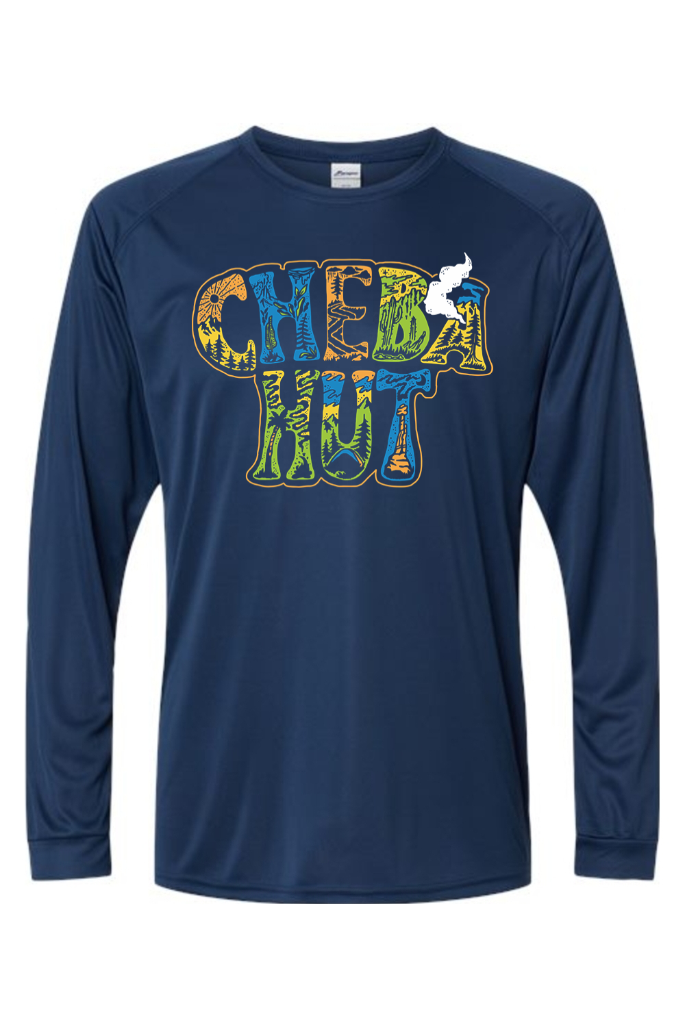 A long-sleeved navy blue athletic shirt with the words "CHEBA HUT" emblazoned across the chest in a vibrant, multi-colored, nature-inspired font. The letters of "CHEBA HUT" are filled with illustrations of trees, mountains, and sun rays in shades of yellow, green, and blue. A small white cloud or puff of smoke is visible near the top right of the "T" in "HUT."