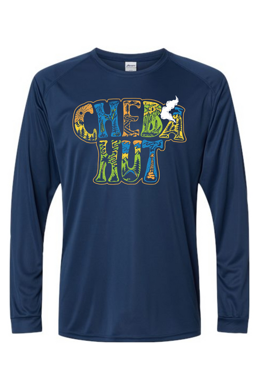 A long-sleeved navy blue athletic shirt with the words "CHEBA HUT" emblazoned across the chest in a vibrant, multi-colored, nature-inspired font. The letters of "CHEBA HUT" are filled with illustrations of trees, mountains, and sun rays in shades of yellow, green, and blue. A small white cloud or puff of smoke is visible near the top right of the "T" in "HUT."