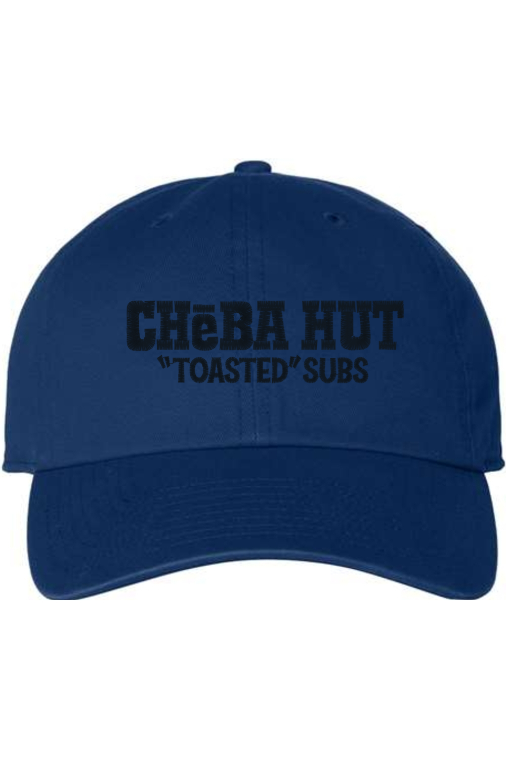 A royal blue baseball cap with a curved brim. The front of the cap features the black stylized text 'CHEBA HUT "TOASTED" SUBS' embroidered across the center. The cap has a visible button on the top and an adjustable strap in the back (not visible).