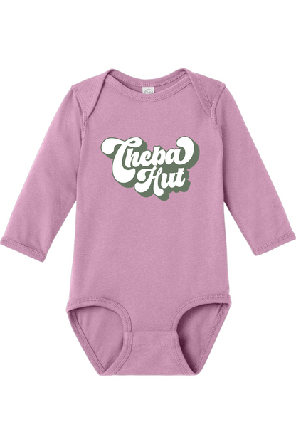Purple baby onesie with 'Cheba Hut' text on a white background
