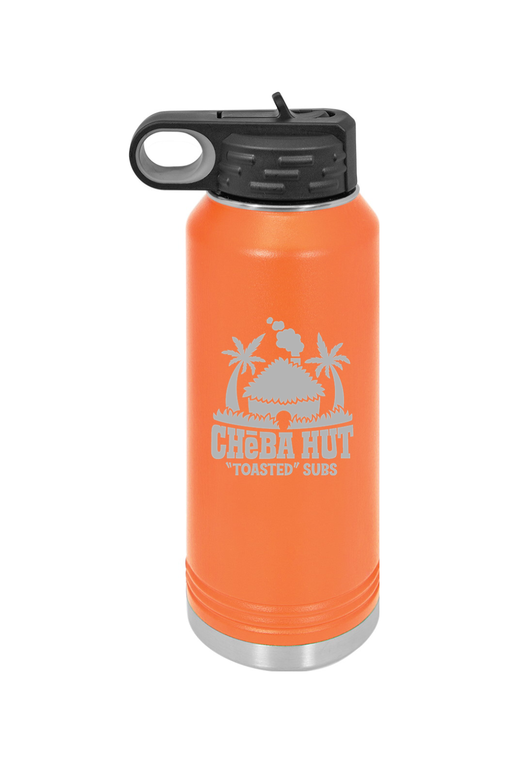 An orange water bottle with a stainless steel bottom and a black lid that has a built-in carrying handle and drinking spout. The bottle features the Cheba Hut "Toasted" Subs logo on the front.