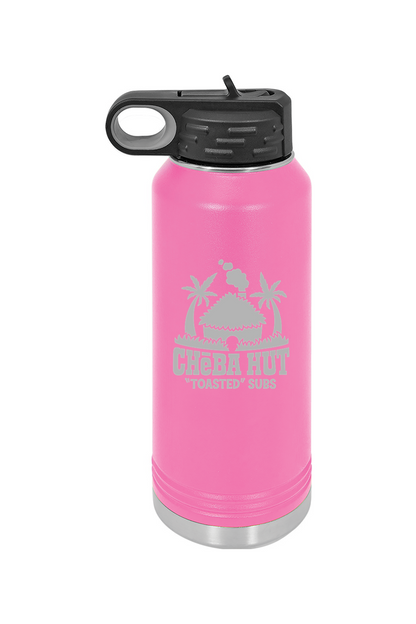 A pink water bottle with a stainless steel bottom and a black lid that has a built-in carrying handle and drinking spout. The bottle features the Cheba Hut "Toasted" Subs logo on the front.