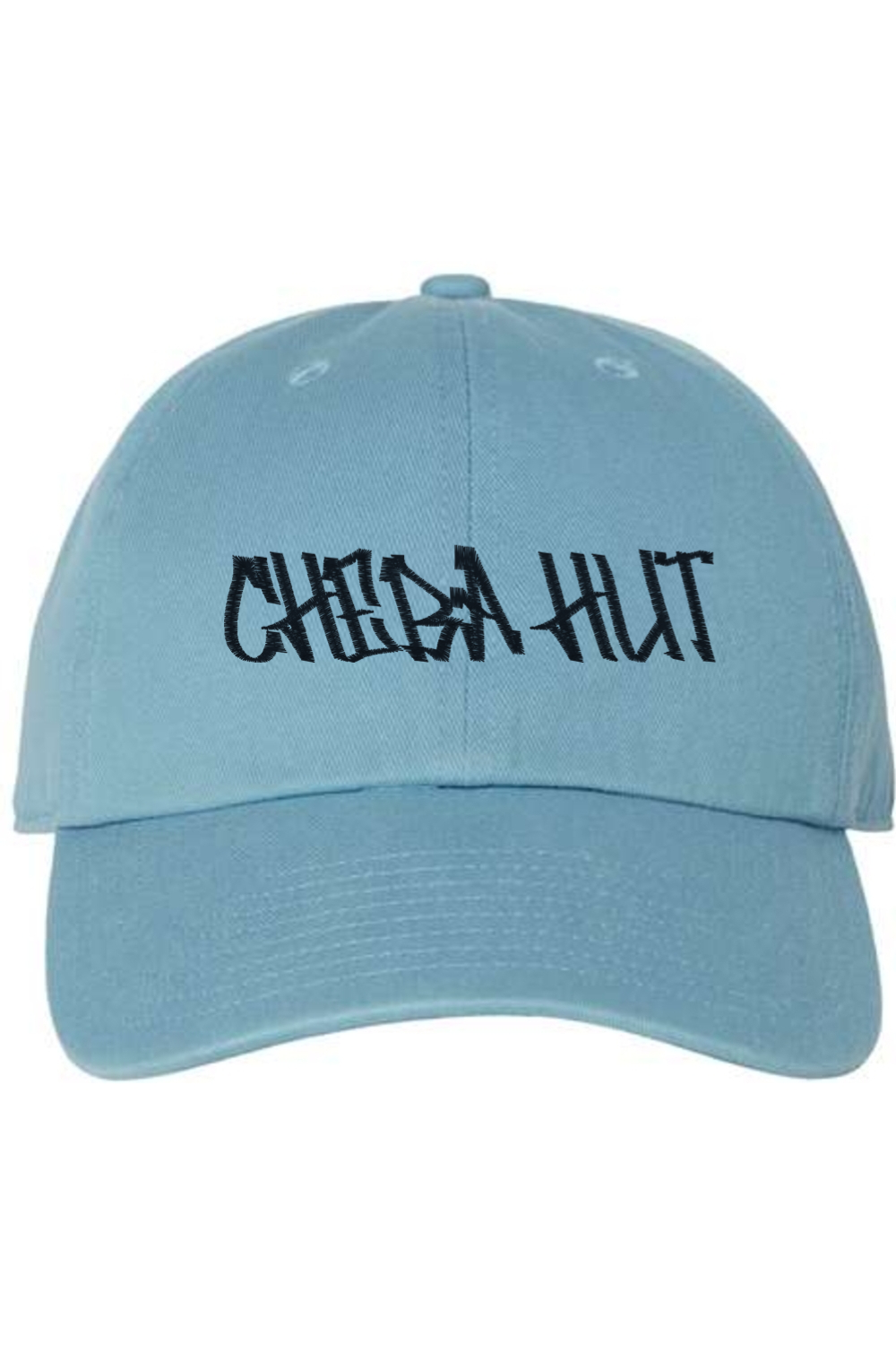 A light blue baseball cap with a curved brim. The front of the cap features the black stylized text 'CHEBA HUT' embroidered across the center. The cap has a visible button on the top and an adjustable strap in the back (not visible).