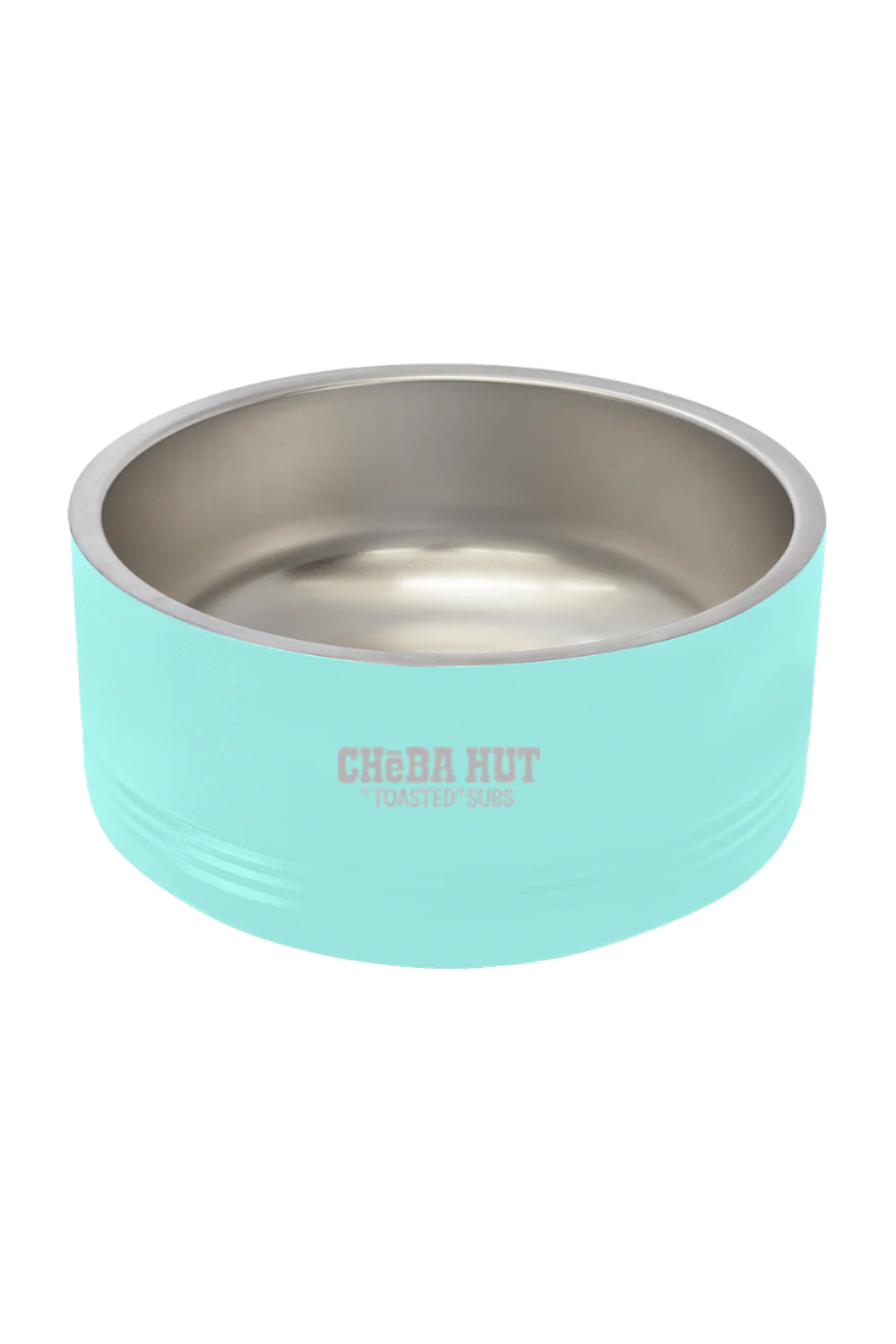 A teal and stainless steel dog bowl with the white "Cheba Hut 'Toasted' Subs" logo on the side, shown against a dark  background.