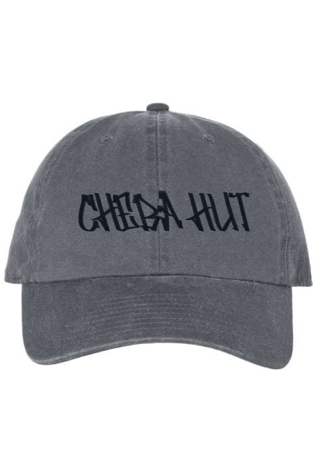A charcoal baseball cap with a curved brim. The front of the cap features the black stylized text 'CHEBA HUT' embroidered across the center. The cap has a visible button on the top and an adjustable strap in the back (not visible).