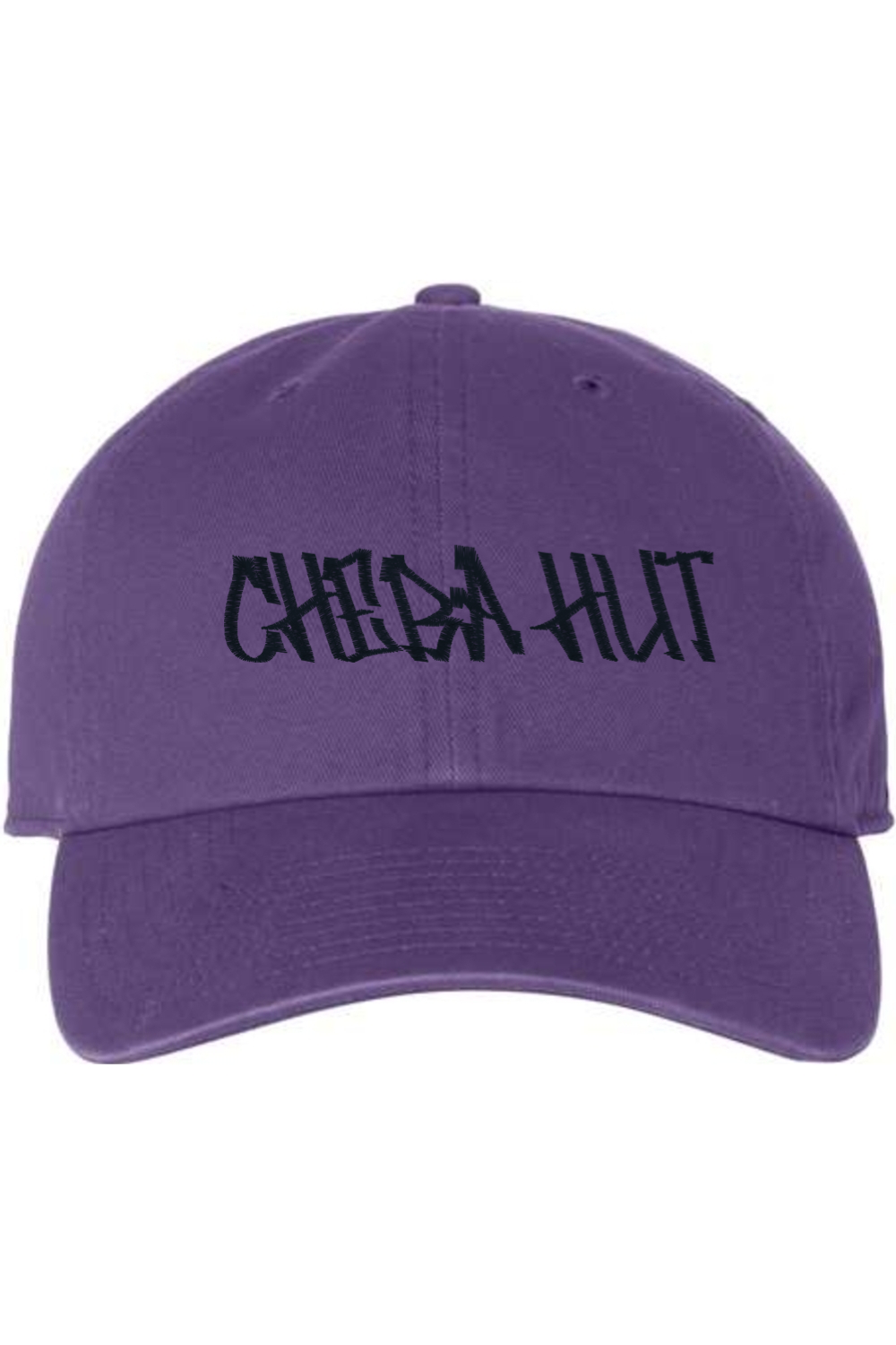 A purple baseball cap with a curved brim. The front of the cap features the black stylized text 'CHEBA HUT' embroidered across the center. The cap has a visible button on the top and an adjustable strap in the back (not visible).