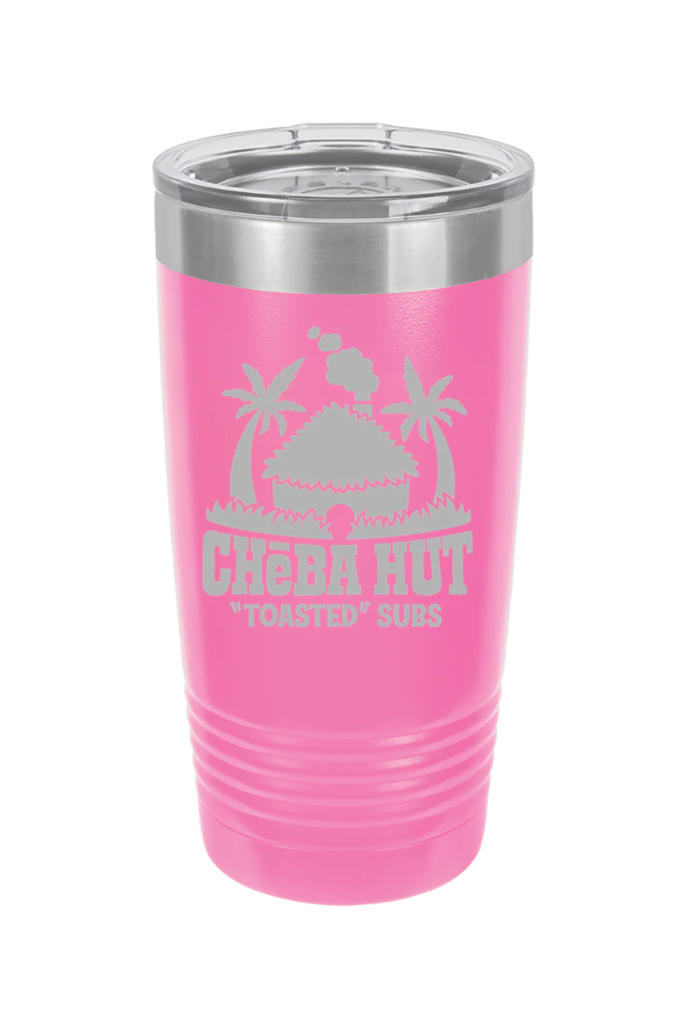 A pink insulated tumbler with a clear lid, featuring the Cheba Hut "Toasted" Subs logo with an illustration of a hut and palm trees.