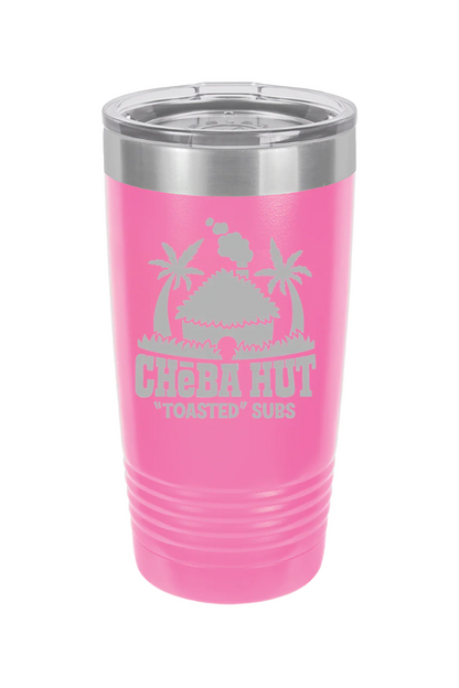 A pink insulated tumbler with a clear lid, featuring the Cheba Hut "Toasted" Subs logo with an illustration of a hut and palm trees.