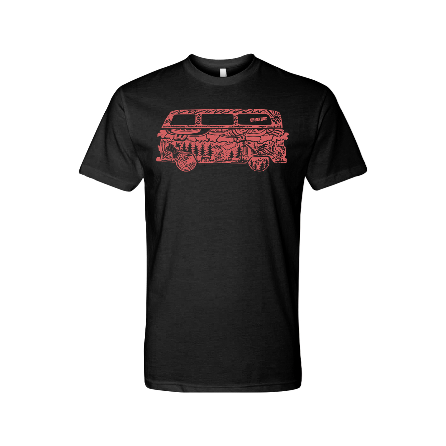 A black crew-neck t-shirt is displayed on a white background. The shirt has a red line-art graphic on the chest depicting the side profile of a vintage van. Within the outline of the van, various scenes and objects are illustrated, including trees, mountains, a sandwich, a slice of pizza, and other food and outdoor-related imagery. The word 'GRUBBERY' is visible along the top of the van.