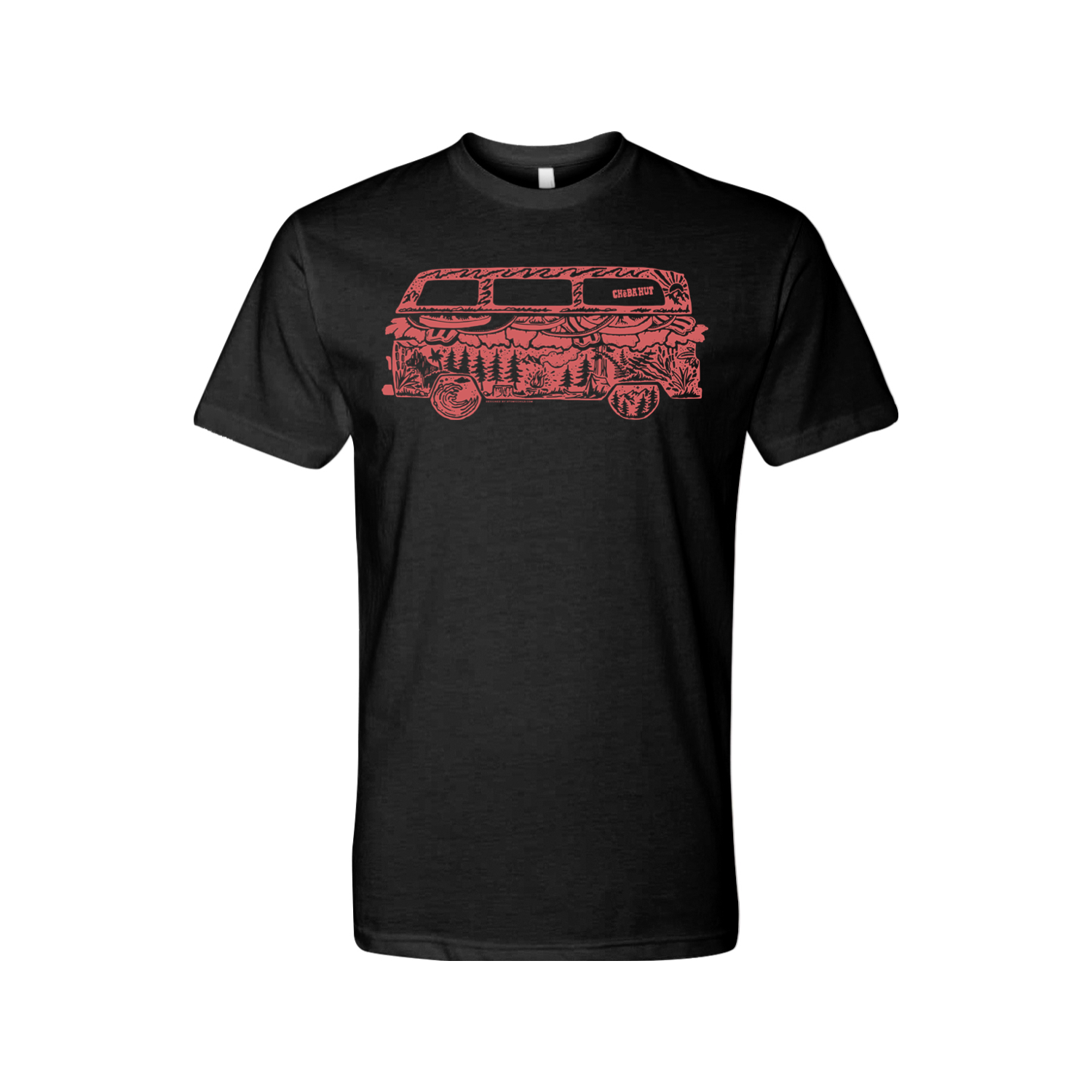 A black crew-neck t-shirt is displayed on a white background. The shirt has a red line-art graphic on the chest depicting the side profile of a vintage van. Within the outline of the van, various scenes and objects are illustrated, including trees, mountains, a sandwich, a slice of pizza, and other food and outdoor-related imagery. The word 'GRUBBERY' is visible along the top of the van.