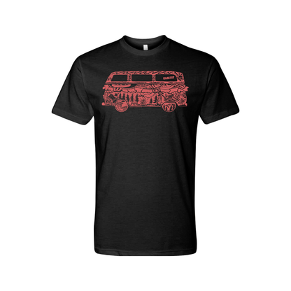 A black crew-neck t-shirt is displayed on a white background. The shirt has a red line-art graphic on the chest depicting the side profile of a vintage van. Within the outline of the van, various scenes and objects are illustrated, including trees, mountains, a sandwich, a slice of pizza, and other food and outdoor-related imagery. The word 'GRUBBERY' is visible along the top of the van.