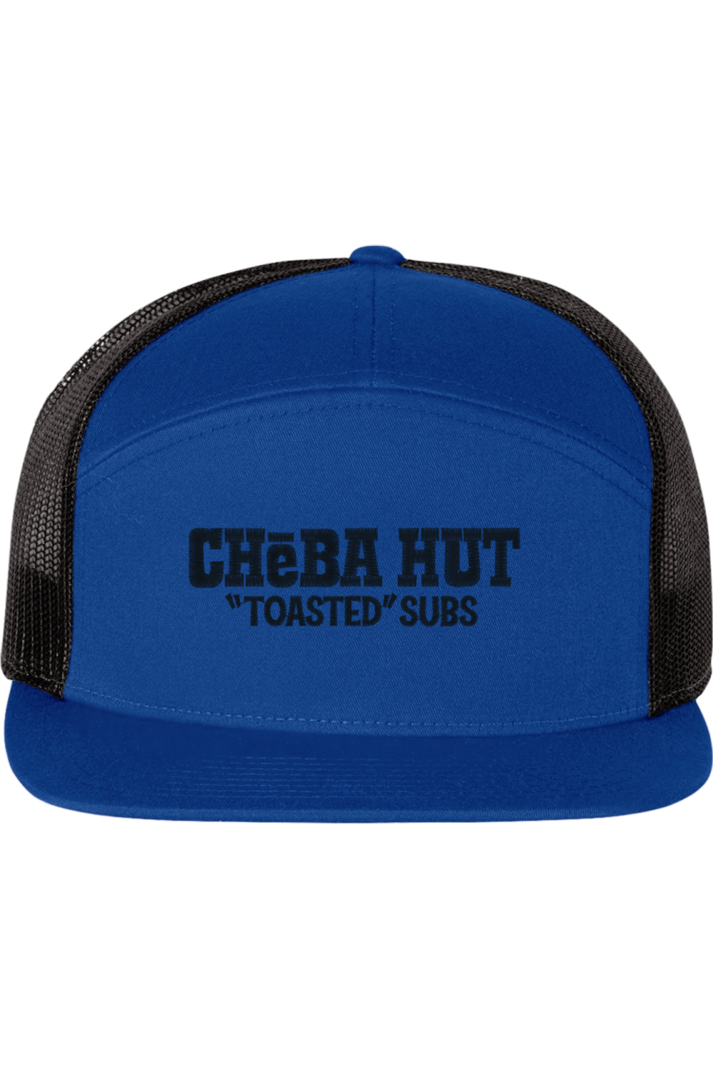 A seven-panel trucker hat with a solid blue  panel and brim. The back two panels are black mesh. The front of the hat features the black stylized text 'CHEBA HUT "TOASTED" SUBS'. The hat has a slightly curved brim and a visible button on the top.