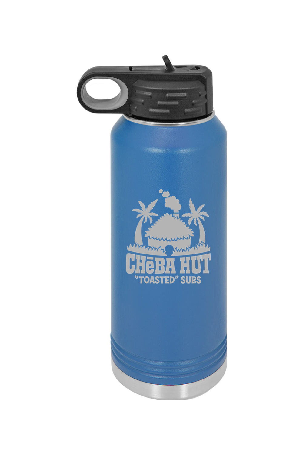 A royal blue water bottle with a stainless steel bottom and a black lid that has a built-in carrying handle and drinking spout. The bottle features the Cheba Hut "Toasted" Subs logo on the front.