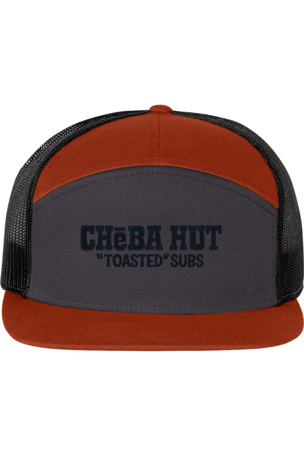 A seven-panel trucker hat with a solid grey front panel and a burnt orange top panel and brim. The back two panels are black mesh. The front of the hat features the black stylized text 'CHEBA HUT "TOASTED" SUBS'. The hat has a slightly curved brim and a visible button on the top.