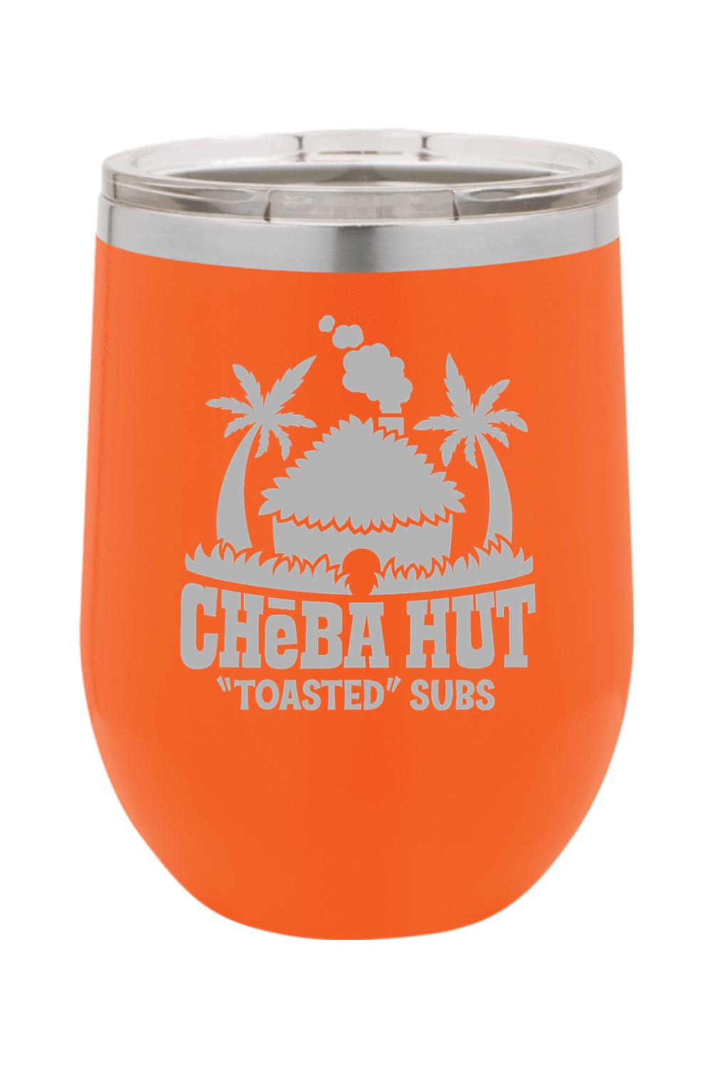 An orange stemless insulated wine tumbler with a clear lid, featuring the Cheba Hut "Toasted" Subs logo with a hut and palm trees.