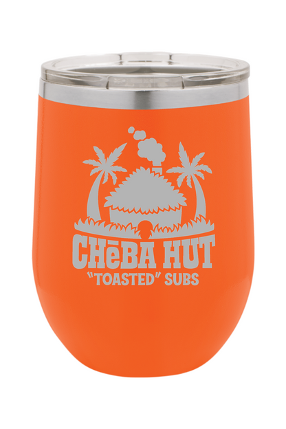 An orange stemless insulated wine tumbler with a clear lid, featuring the Cheba Hut "Toasted" Subs logo with a hut and palm trees.