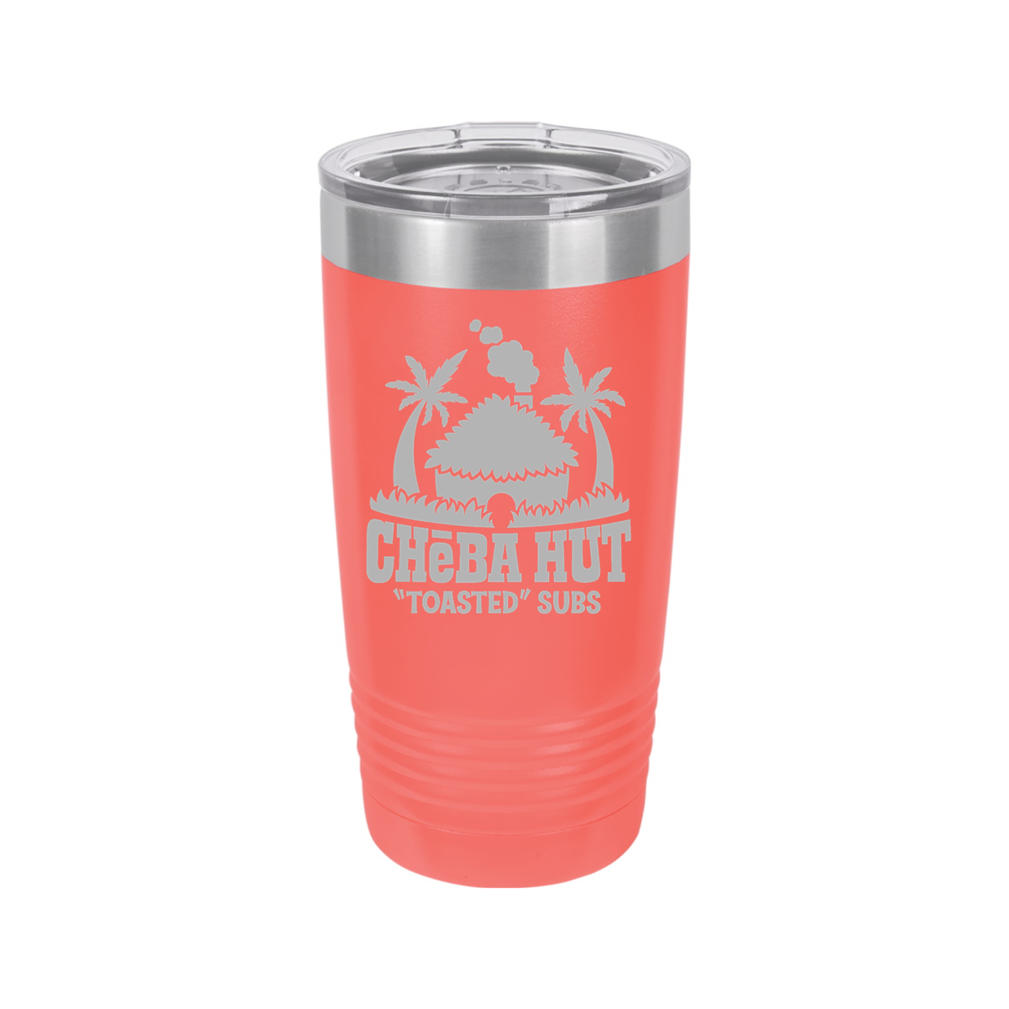 A coral  insulated tumbler with a clear lid, featuring the Cheba Hut "Toasted" Subs logo with an illustration of a hut and palm trees.