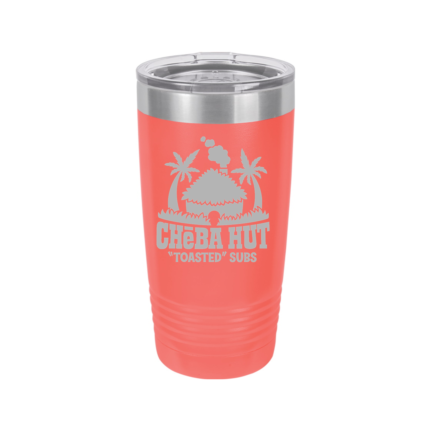 A coral  insulated tumbler with a clear lid, featuring the Cheba Hut "Toasted" Subs logo with an illustration of a hut and palm trees.