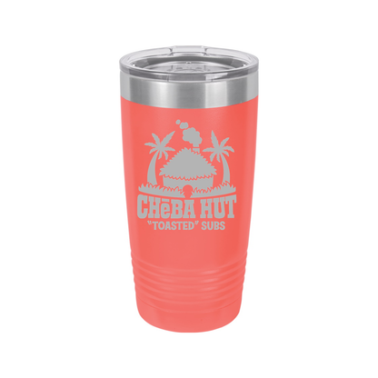 A coral  insulated tumbler with a clear lid, featuring the Cheba Hut "Toasted" Subs logo with an illustration of a hut and palm trees.