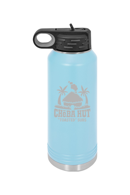 A blue water bottle with a stainless steel bottom and a black lid that has a built-in carrying handle and drinking spout. The bottle features the Cheba Hut "Toasted" Subs logo on the front.