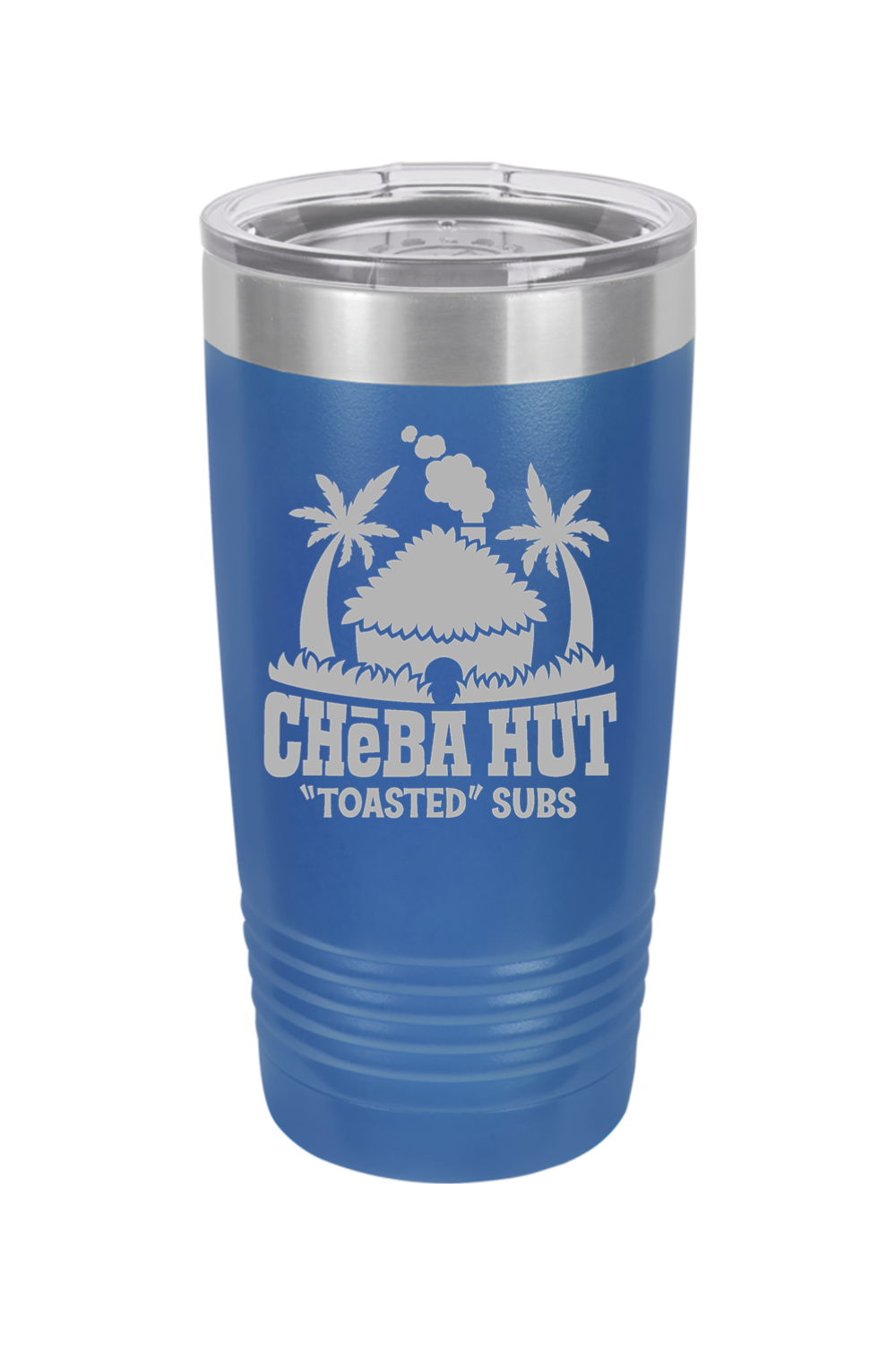 A royal blue insulated tumbler with a clear lid, featuring the Cheba Hut "Toasted" Subs logo with an illustration of a hut and palm trees. 