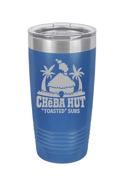 A royal blue insulated tumbler with a clear lid, featuring the Cheba Hut "Toasted" Subs logo with an illustration of a hut and palm trees. 