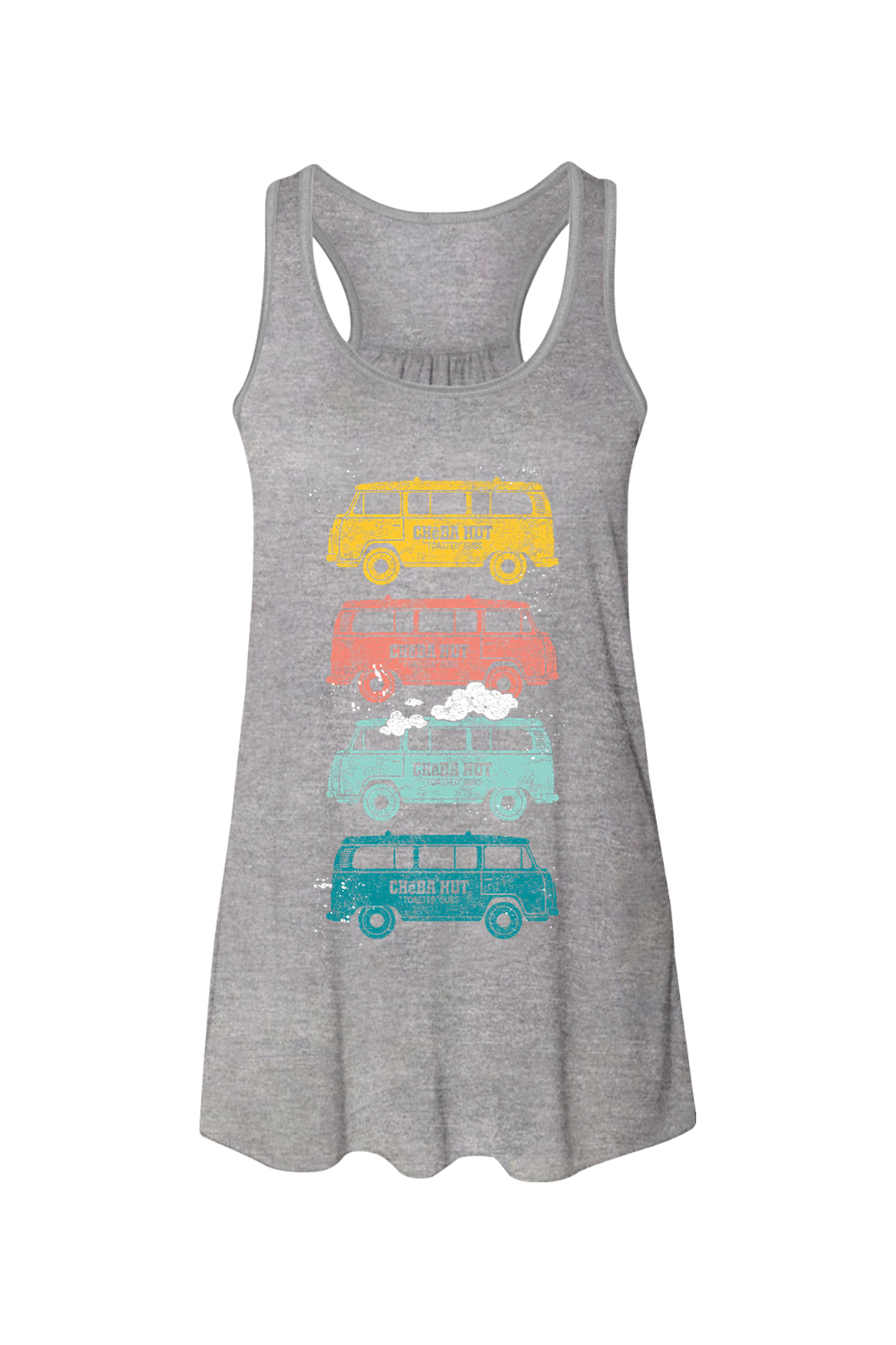 A grey women's racerback tank top with a front graphic of four colorful, vintage-style vans stacked vertically. From top to bottom, the vans are yellow, coral, light blue, and teal, each with a distressed look and the Cheba Hut logo. Smoke is coming out of the roof of the light blue van.