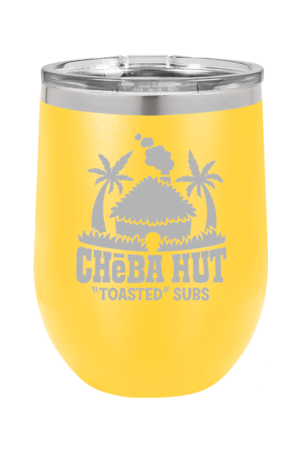 A yellow stemless insulated wine tumbler with a clear lid, featuring the Cheba Hut "Toasted" Subs logo with a hut and palm trees.