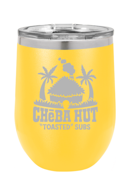 A yellow stemless insulated wine tumbler with a clear lid, featuring the Cheba Hut "Toasted" Subs logo with a hut and palm trees.