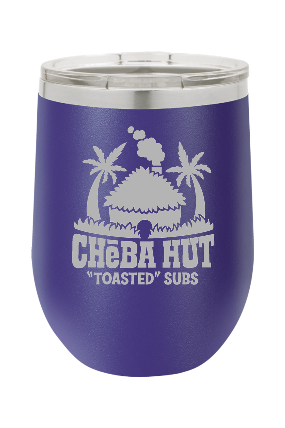 A purple stemless insulated wine tumbler with a clear lid, featuring the Cheba Hut "Toasted" Subs logo with a hut and palm trees.