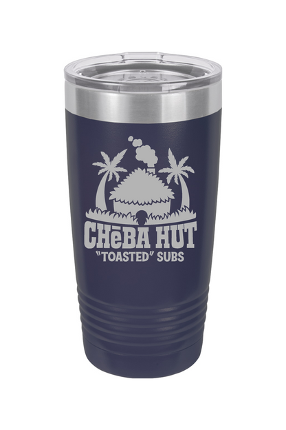 A navy insulated tumbler with a clear lid, featuring the Cheba Hut "Toasted" Subs logo with an illustration of a hut and palm trees.