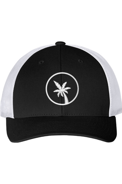 Black and white cap with a palm tree design on a white background