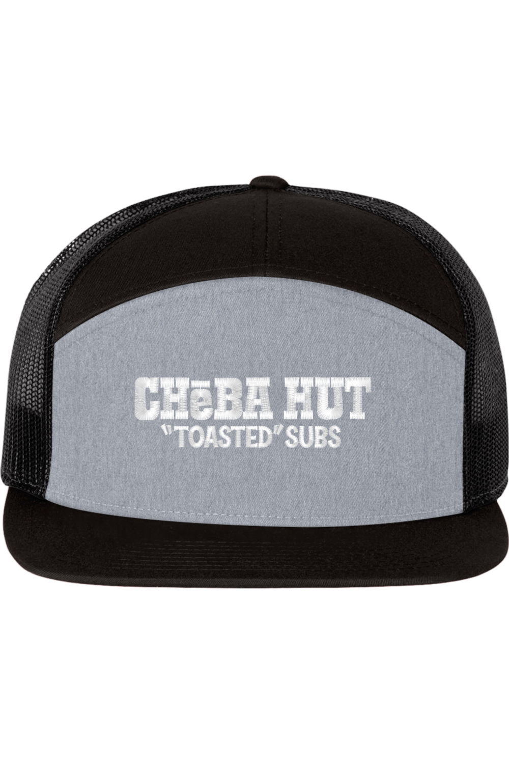 A seven -panel trucker hat with a solid grey front panel between a black top panel and brim. The back two panels are black mesh. The front of the hat features the white stylized text 'CHEBA HUT "TOASTED" SUBS'. The hat has a slightly curved brim and a visible button on the top.