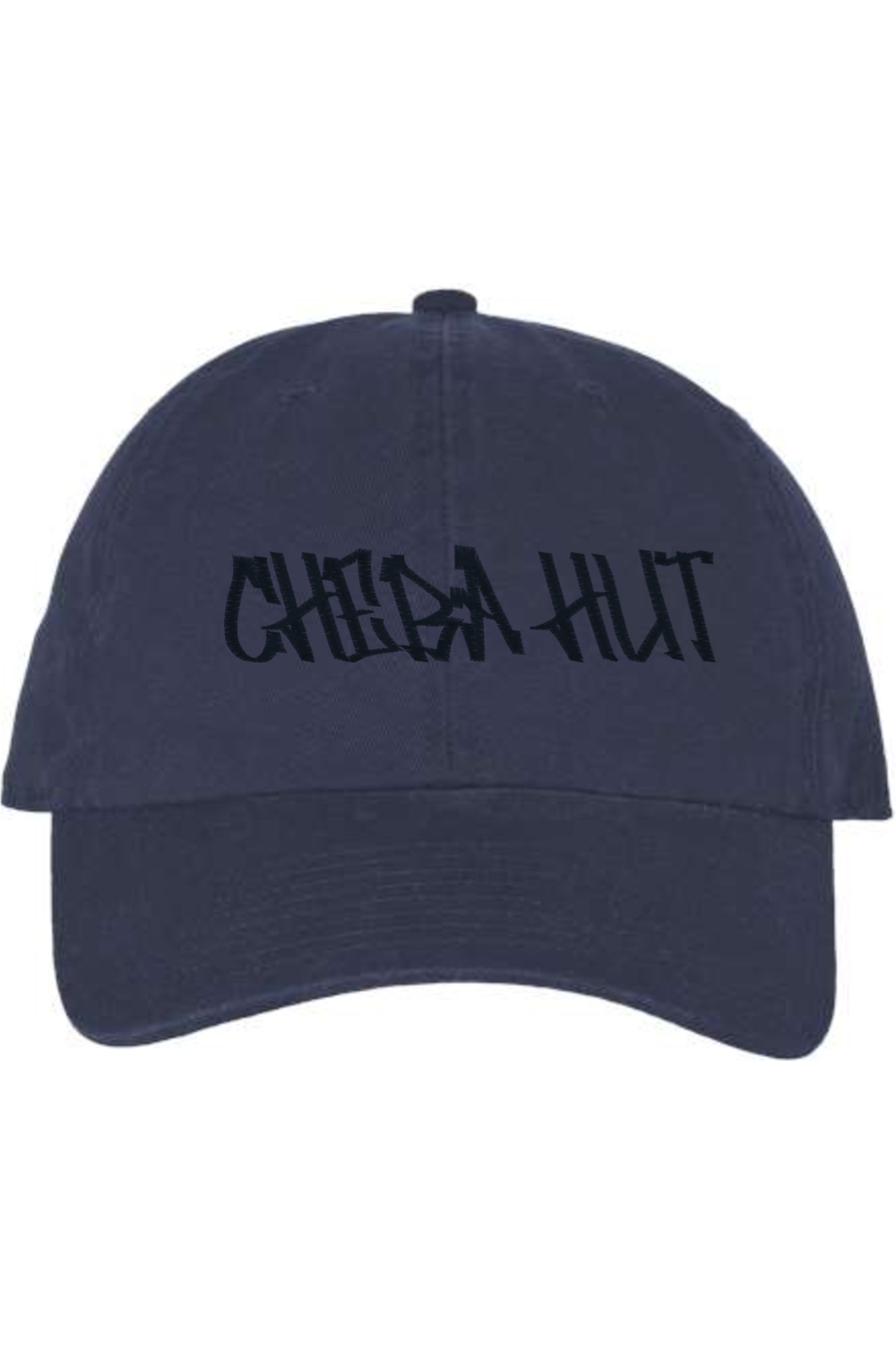 A navy baseball cap with a curved brim. The front of the cap features the black stylized text 'CHEBA HUT' embroidered across the center. The cap has a visible button on the top and an adjustable strap in the back (not visible).