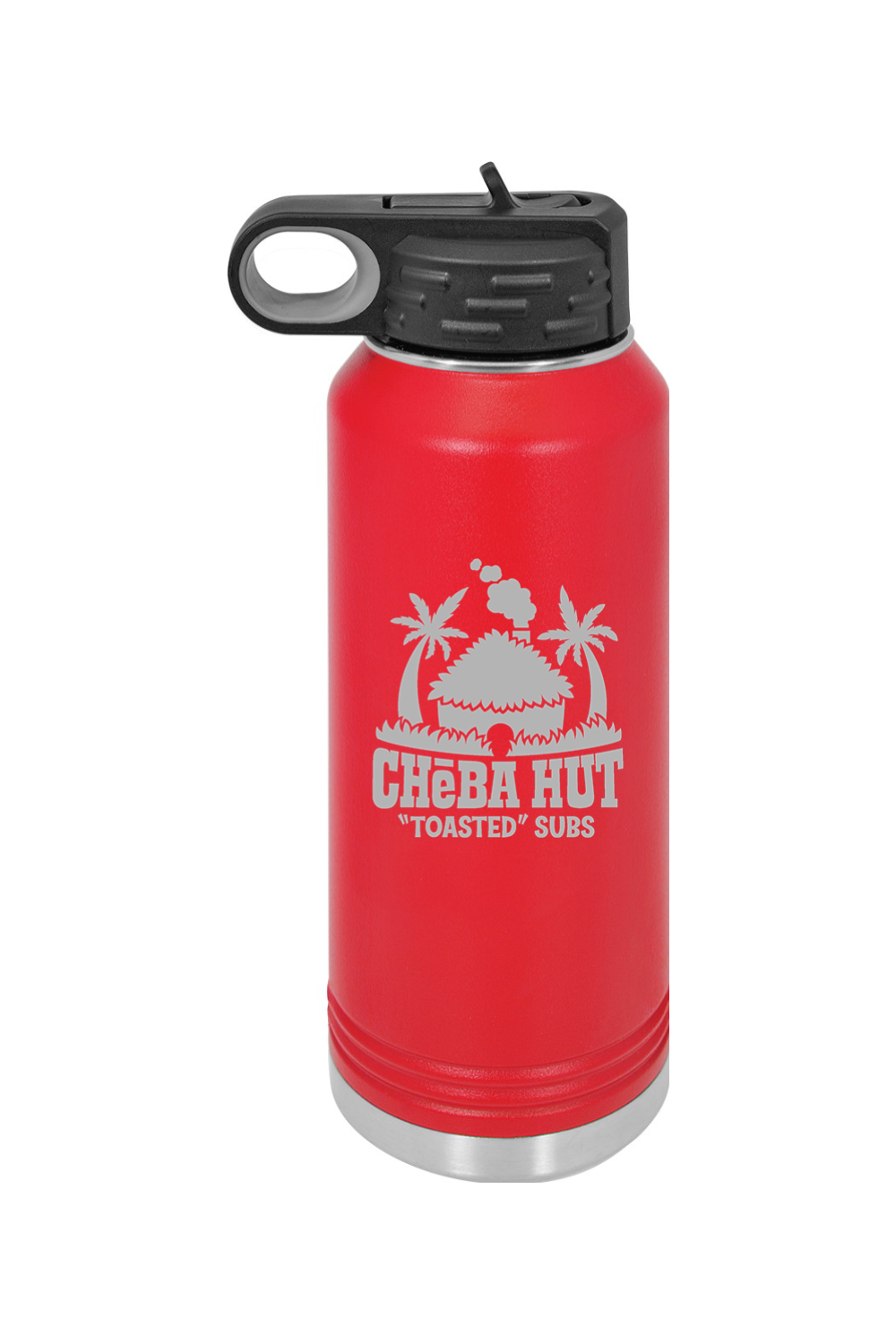 A red water bottle with a stainless steel bottom and a black lid that has a built-in carrying handle and drinking spout. The bottle features the Cheba Hut "Toasted" Subs logo on the front.