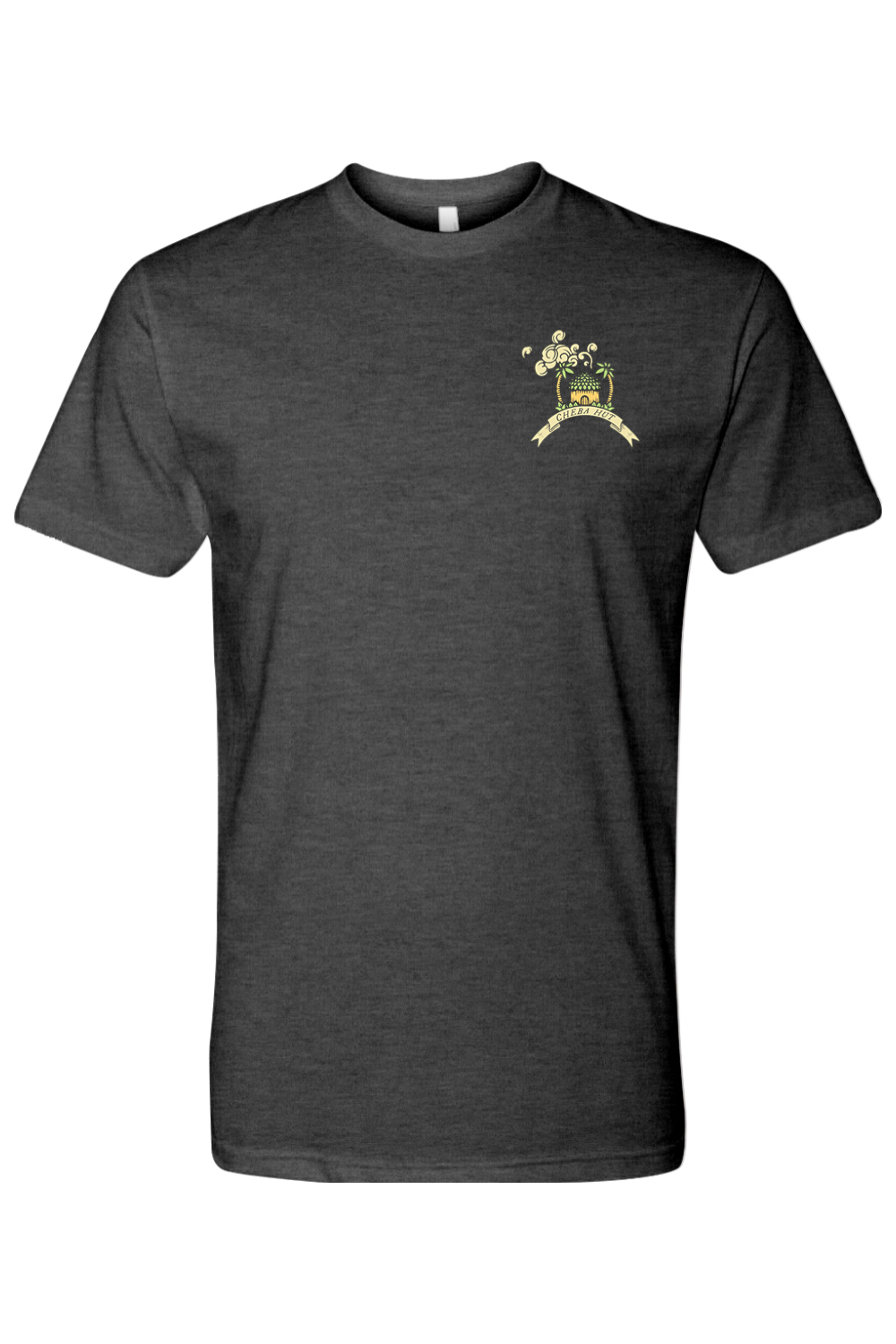 A charcoal short-sleeved t-shirt featuring a small, colorful graphic on the left chest of a small hut with a palm tree on either side.