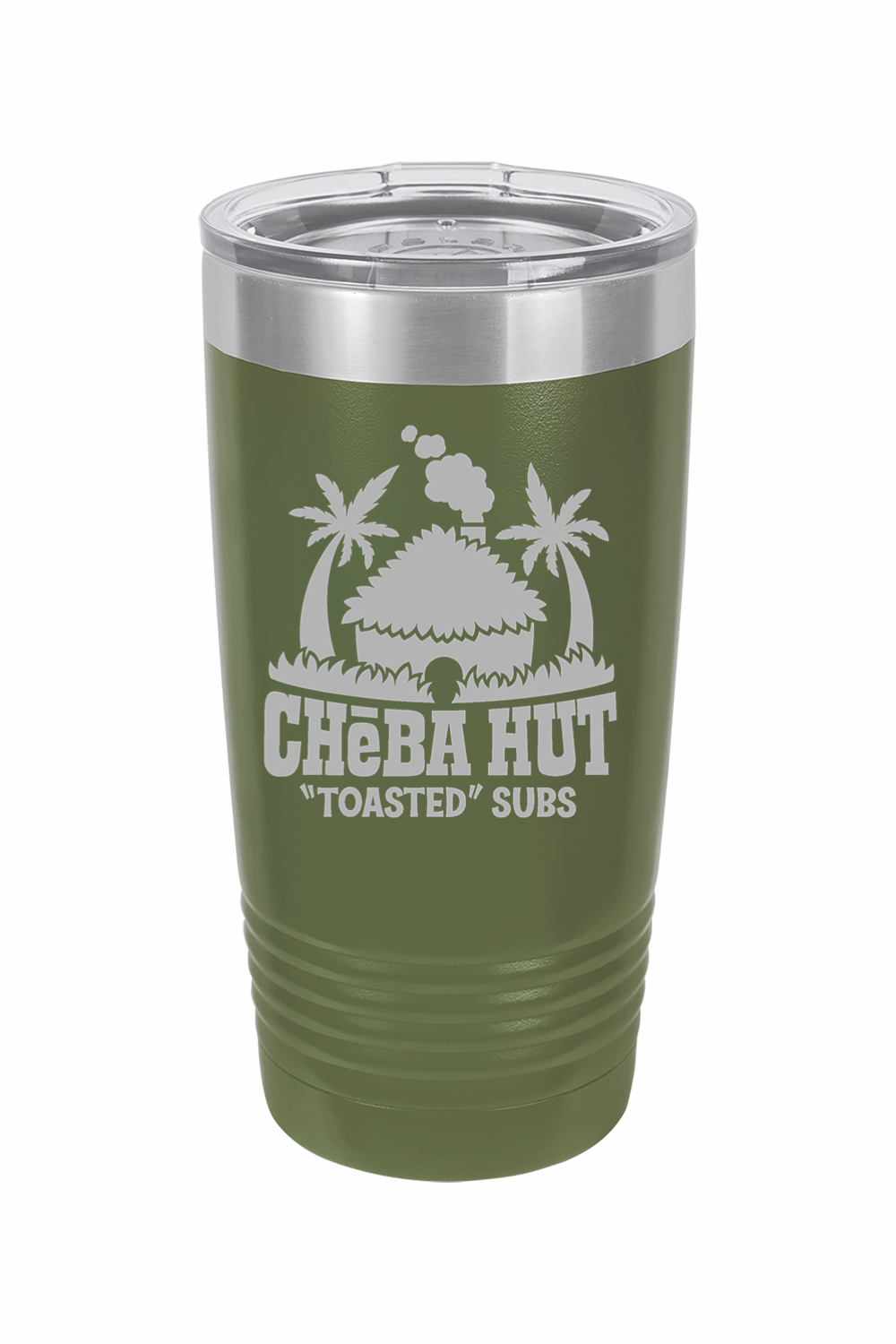 A olive green insulated tumbler with a clear lid, featuring the Cheba Hut "Toasted" Subs logo with an illustration of a hut and palm trees.