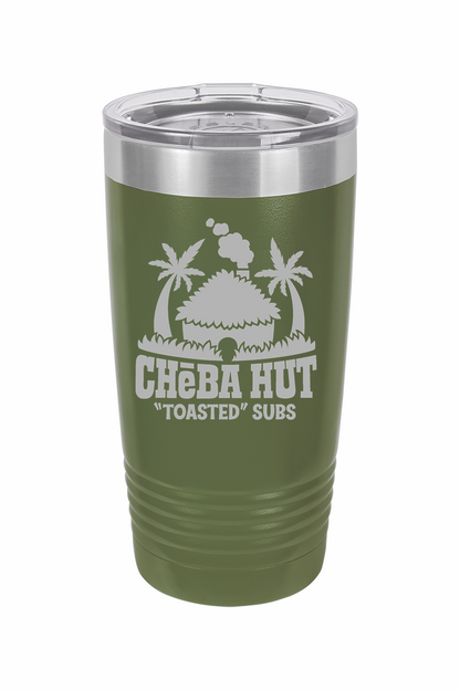A olive green insulated tumbler with a clear lid, featuring the Cheba Hut "Toasted" Subs logo with an illustration of a hut and palm trees.