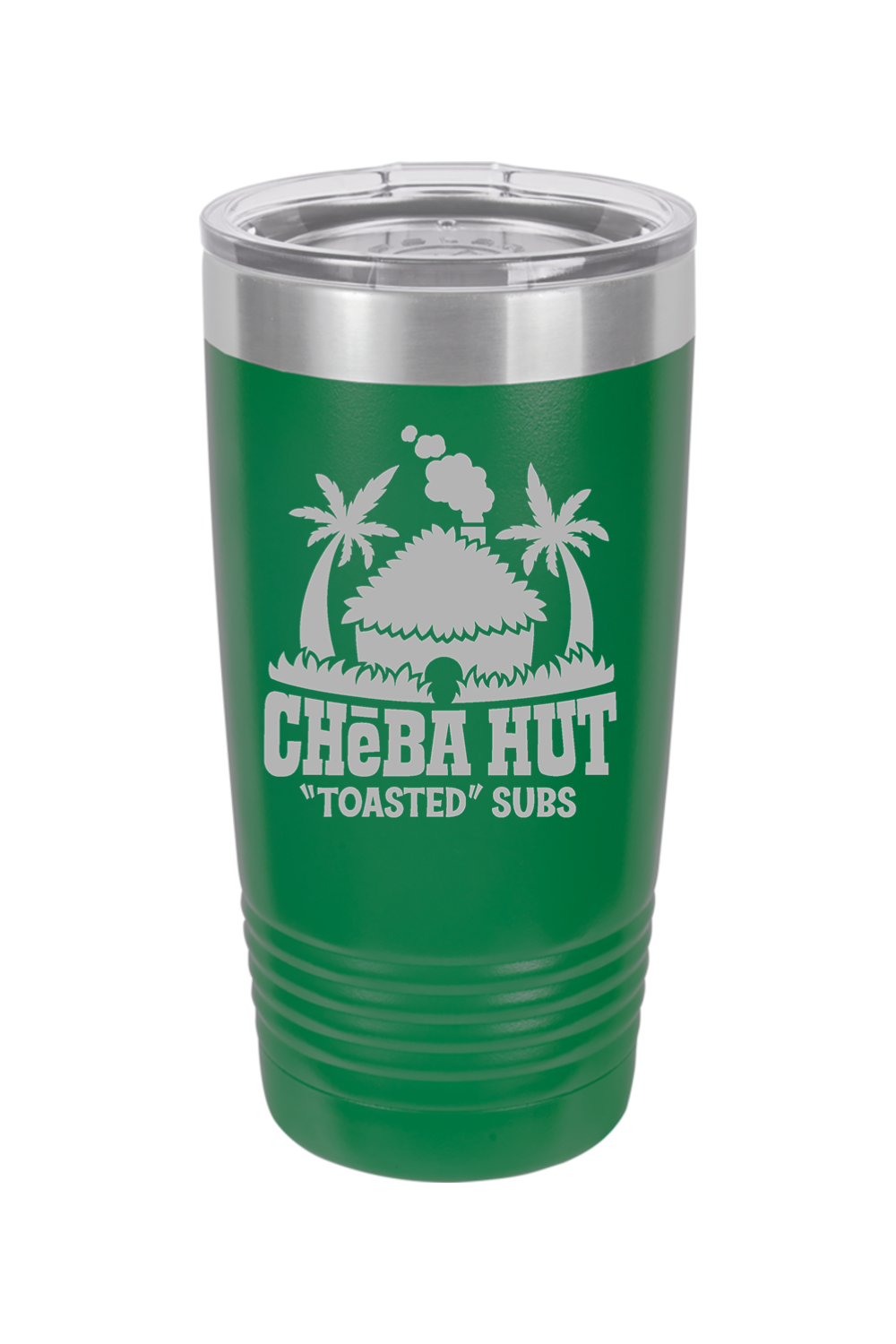 A green insulated tumbler with a clear lid, featuring the Cheba Hut "Toasted" Subs logo with an illustration of a hut and palm trees.