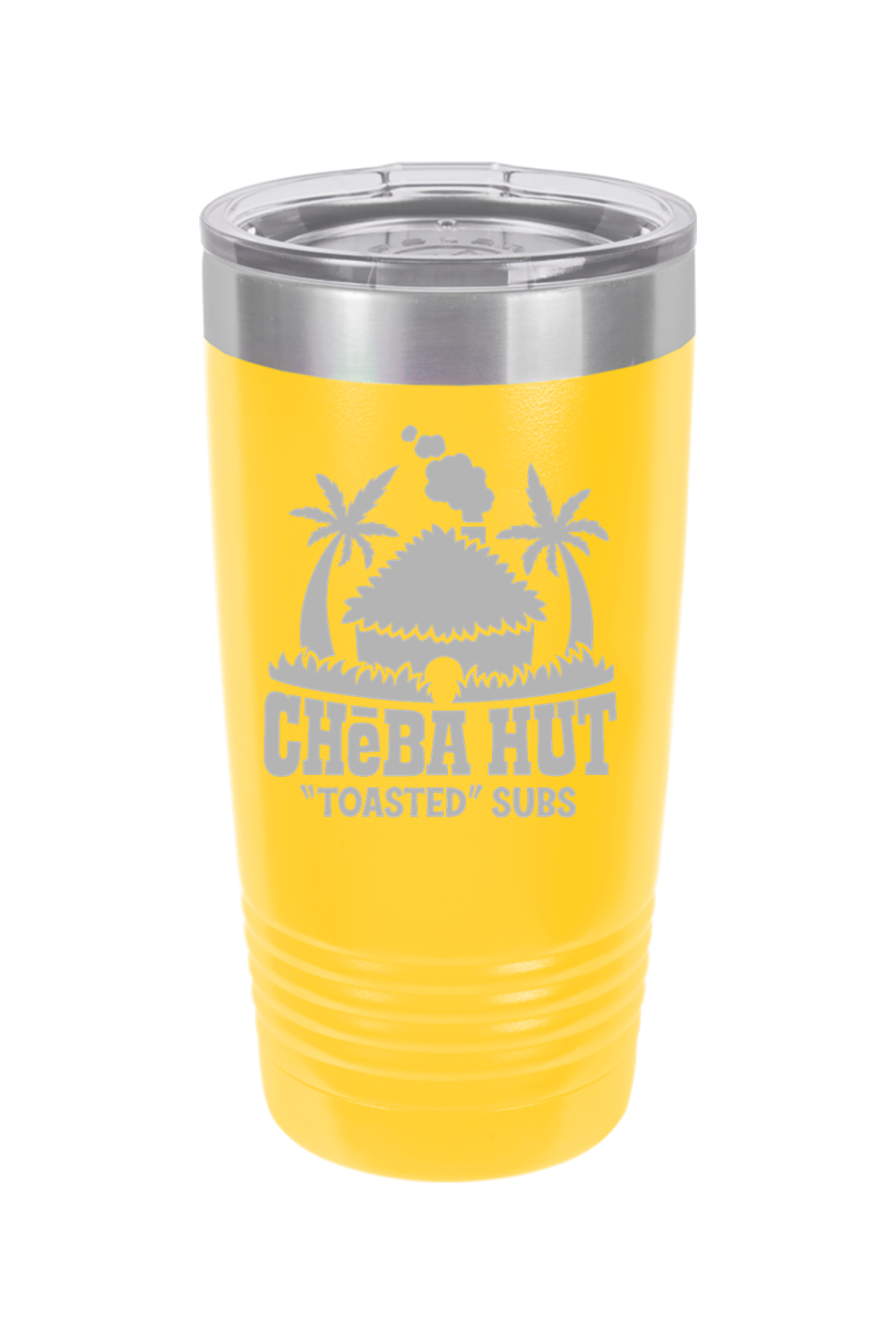 A yellow insulated tumbler with a clear lid, featuring the Cheba Hut "Toasted" Subs logo with an illustration of a hut and palm trees.