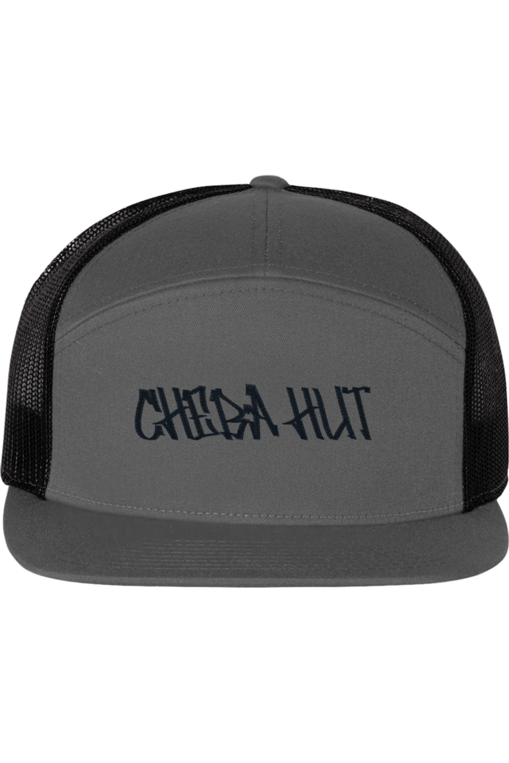 A five-panel trucker hat with a solid grey front panel and brim. The back two panels are black mesh. The front of the hat features the black stylized text 'CHEBA HUT'. The hat has a slightly curved brim and a visible button on the top.