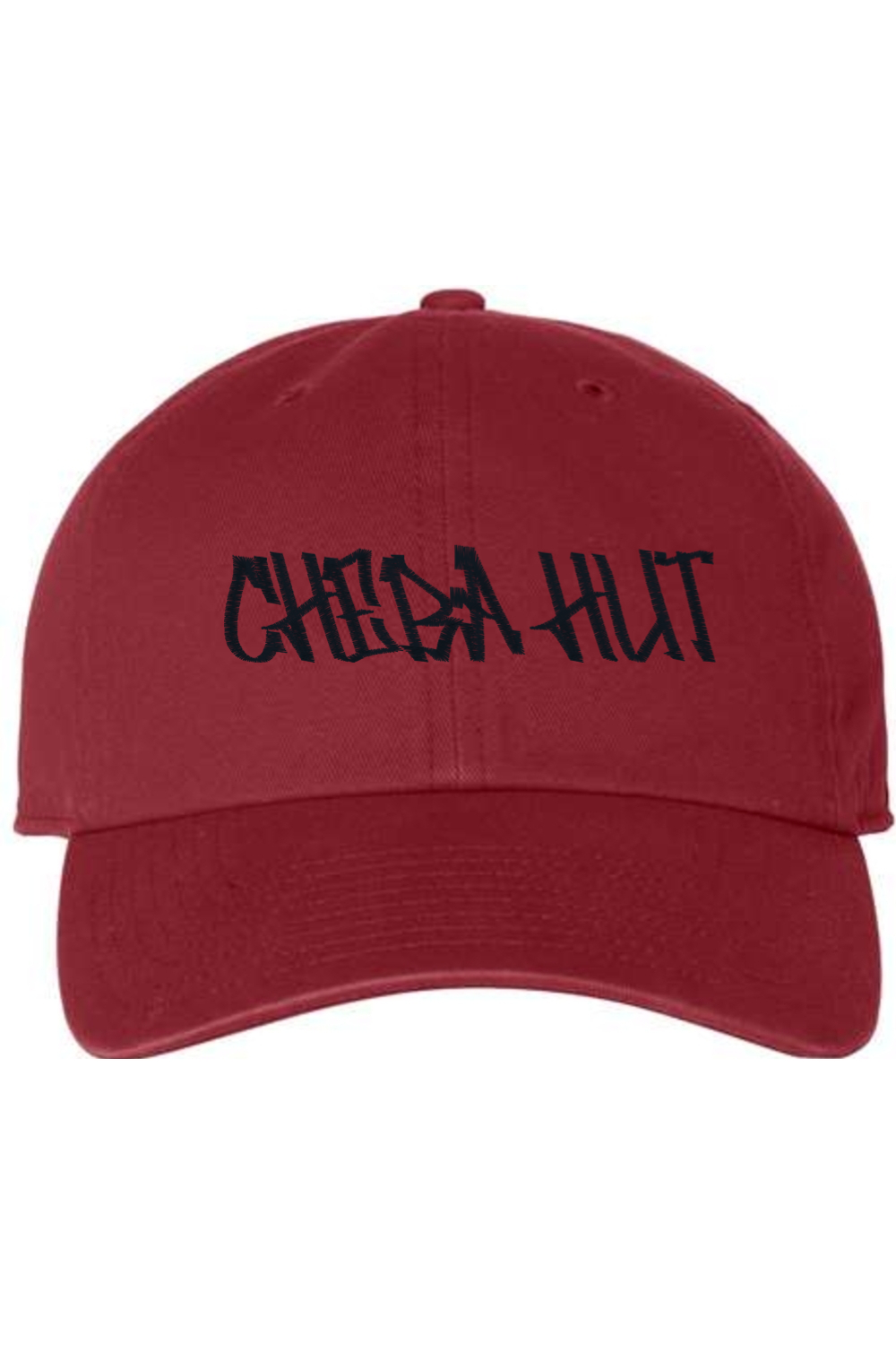 A cardinal red baseball cap with a curved brim. The front of the cap features the black stylized text 'CHEBA HUT' embroidered across the center. The cap has a visible button on the top and an adjustable strap in the back (not visible).