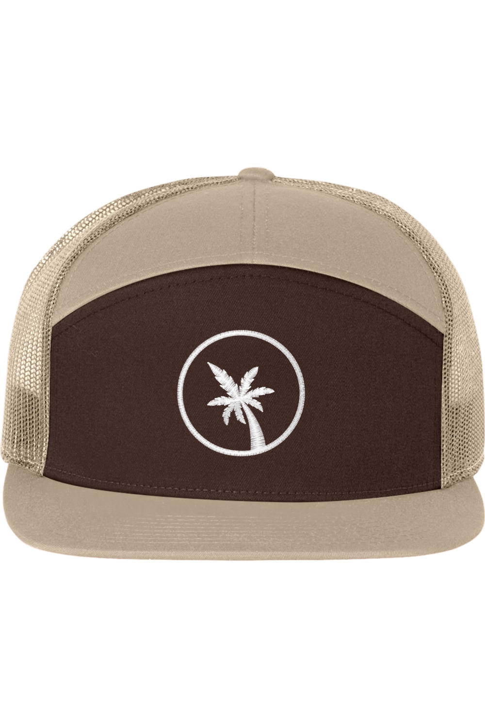 A seven -panel trucker hat with a solid brown front panel and brim. The back two panels are tan mesh. The front of the hat features a seven frond palm tree in white thread. The hat has a slightly curved brim and a visible button on the top.